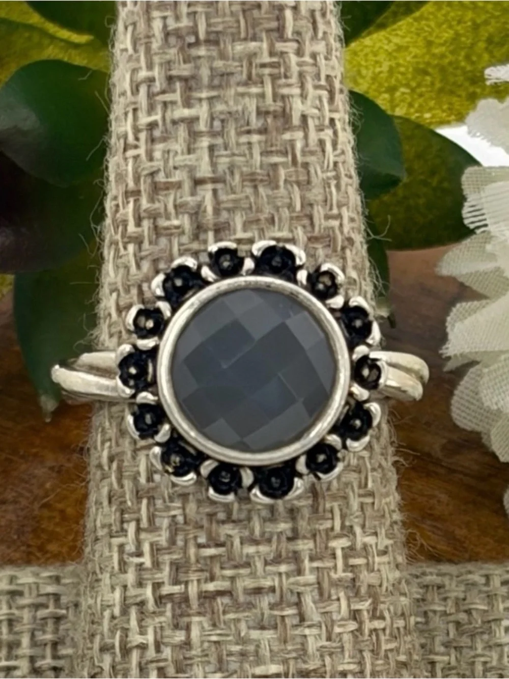 Pandora Sterling Silver 925 Grey Moonstone Flower Ring Size 7.25 7.5 or so